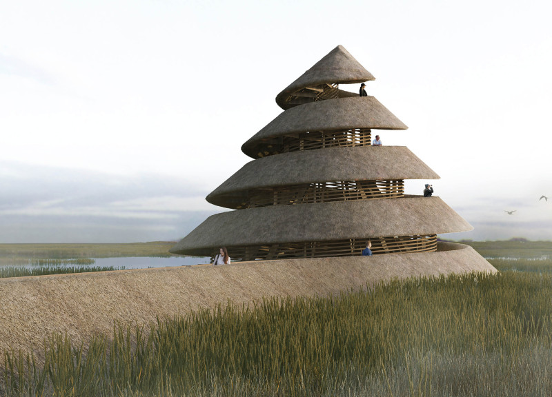 Conical Observation Structure Crafted from Local Reeds and Timber Embracing Wetland Views