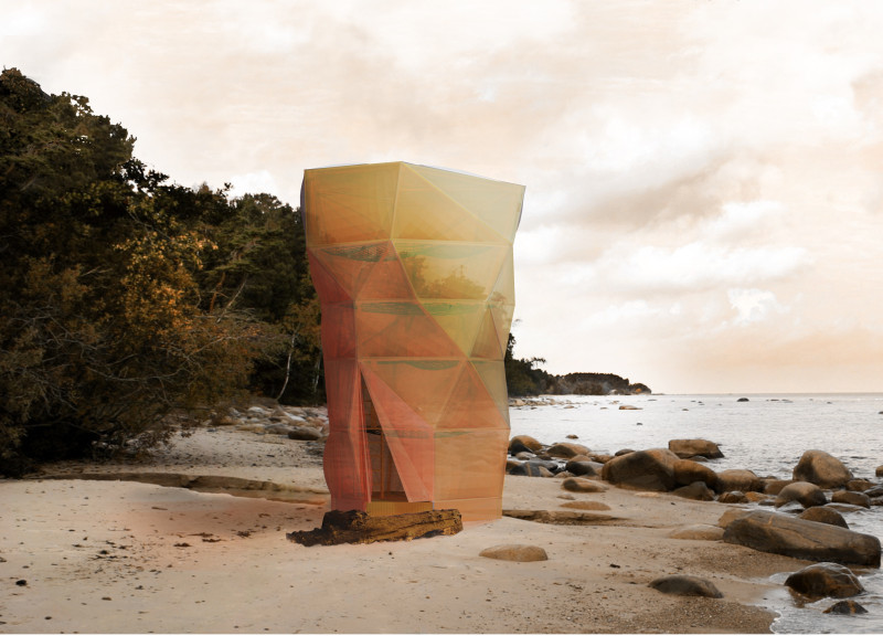 Inflatable Membrane Sheltering a Polyhedral Retreat Constructed with Glass and Timber  