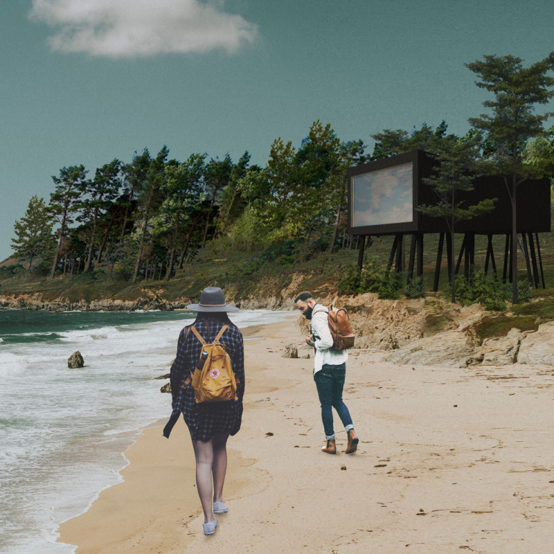 Elevated Watchtower Constructed With Dark Stained Wood Overlooking Scenic Forest And Beach