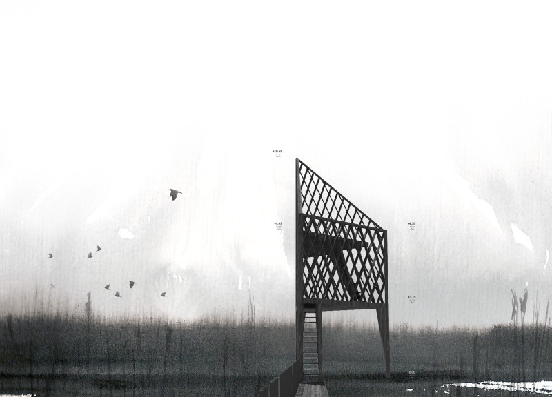 Charred Timber Cladding Enhances Triangular Observation Tower for Bird Watching