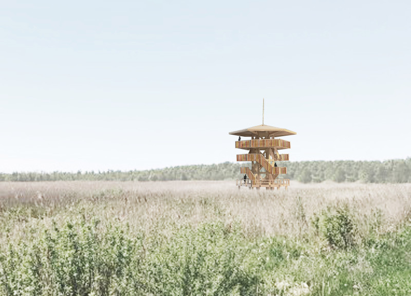 Observation tower featuring cross-laminated timber panels and charred wooden shingles in a culturally rich landscape