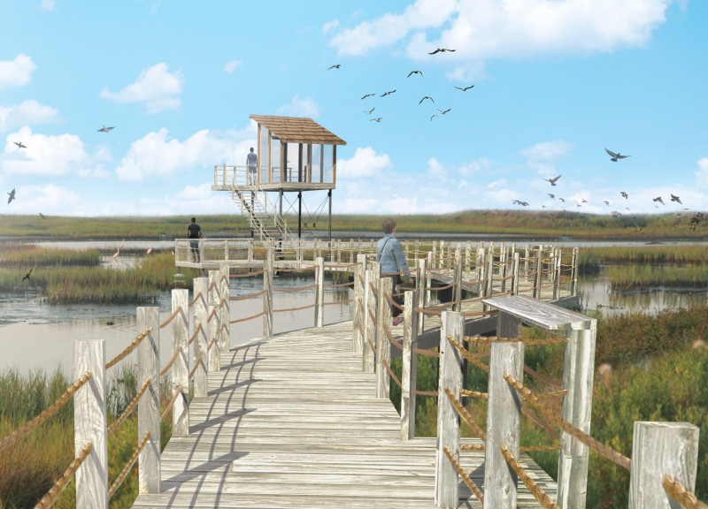 Elevated Observation Structure Featuring Fritted Glass and Local Timber Integration for Birdwatching  