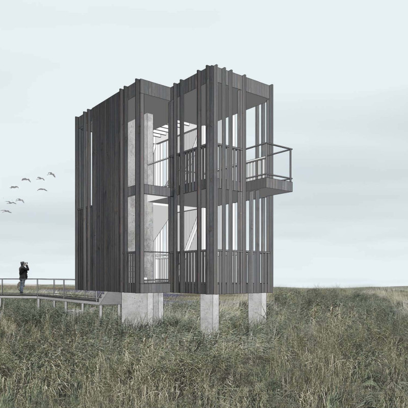 Charred Cedar Structure Elevating Avian Observation in Wetland Environments