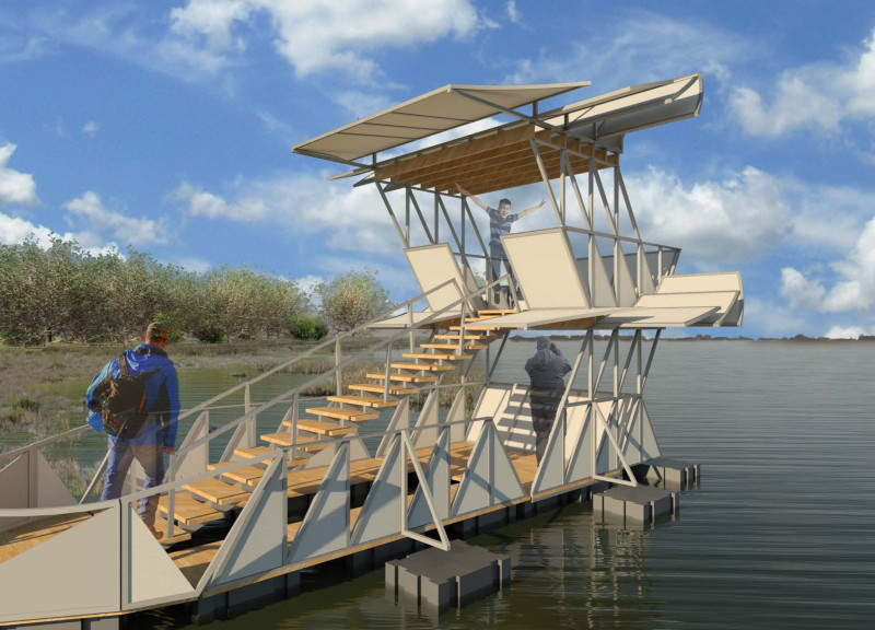 Floating Pavilion Constructed With Recycled Plastic and Welded Aluminum Embracing Nature's Dynamics  
