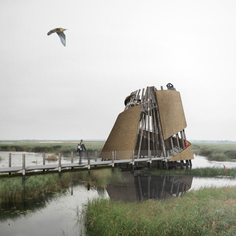 Observation platform featuring a thatched reed roof and natural wood integration in a wetland environment