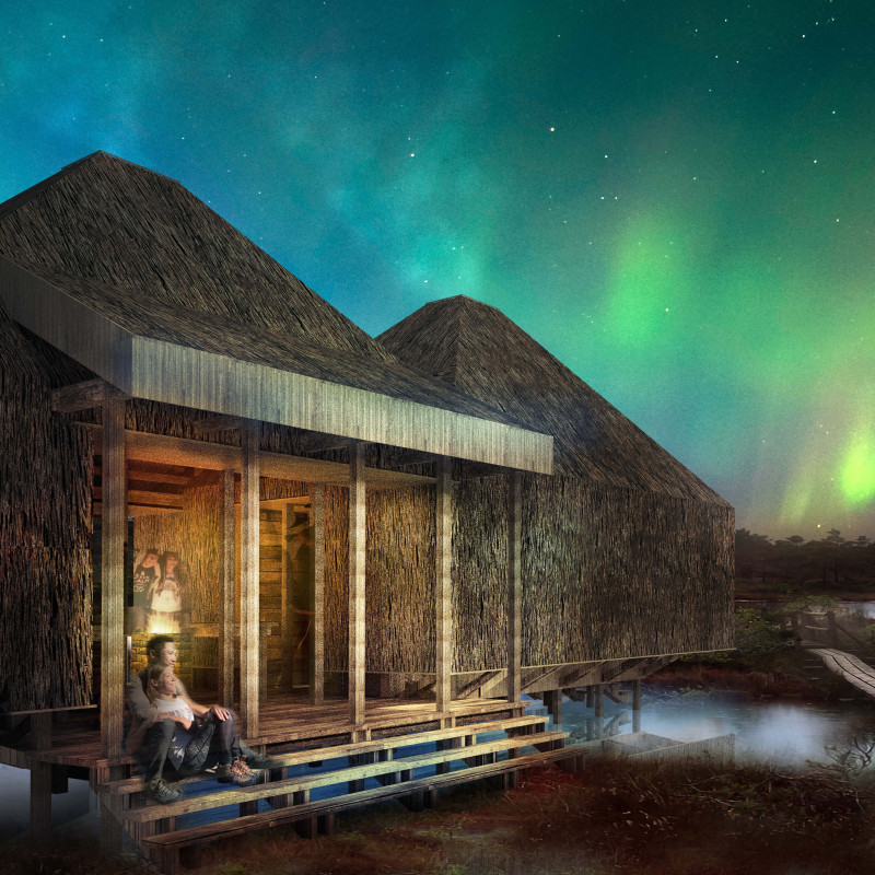Thatch Roofed Cabins Raised Above Nature Fostering Community Gathering