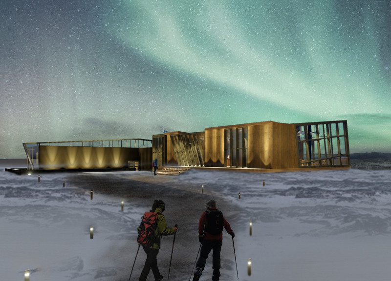 Sustainable lodging featuring cross-laminated timber panels and charred wooden shingles in a breathtaking Icelandic landscape