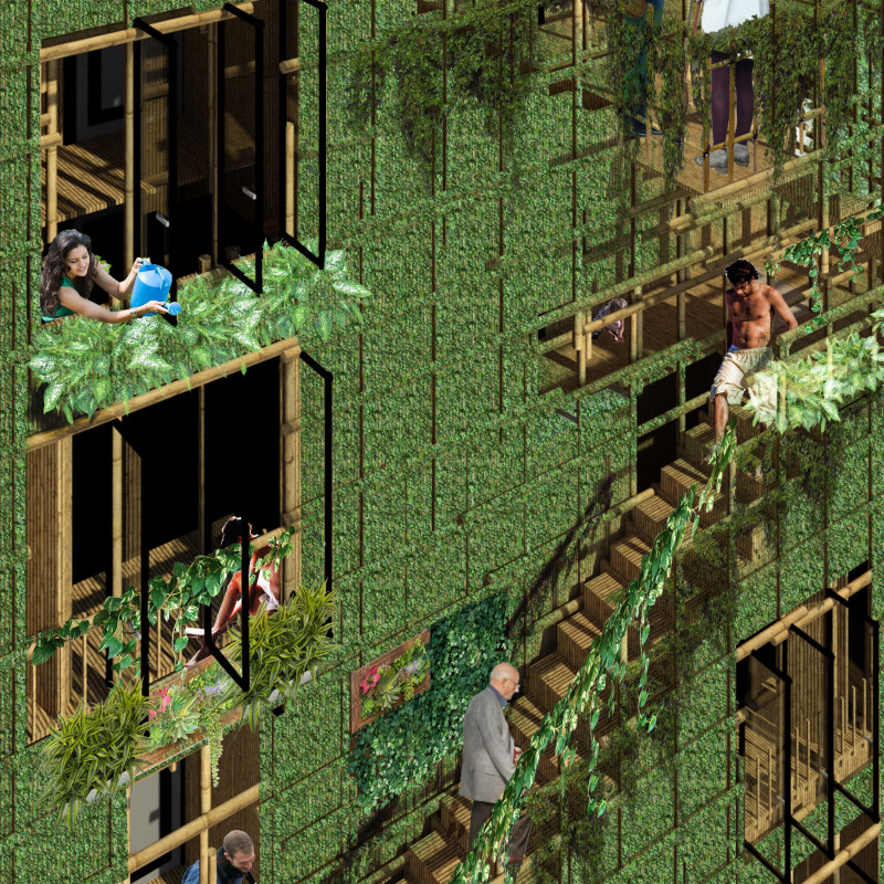 Vertical Gardens and Bamboo Scaffolding in Sustainable Urban Housing  