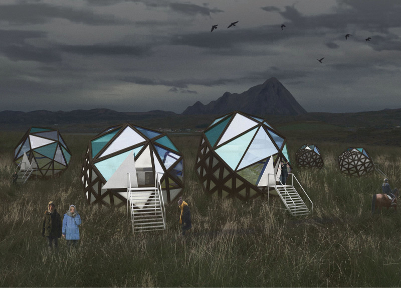Geodesic Structures Encased in Charred Wood Embracing the Northern Lights Experience  