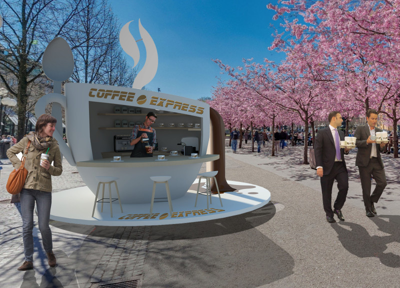 Unique Fiberglass Structure Mimicking a Coffee Cup with Photovoltaic Features for Efficient Urban Retail