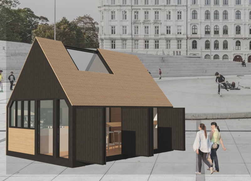 Portable Café Constructed with Recycled Wood and Thermal Cork for Community Engagement