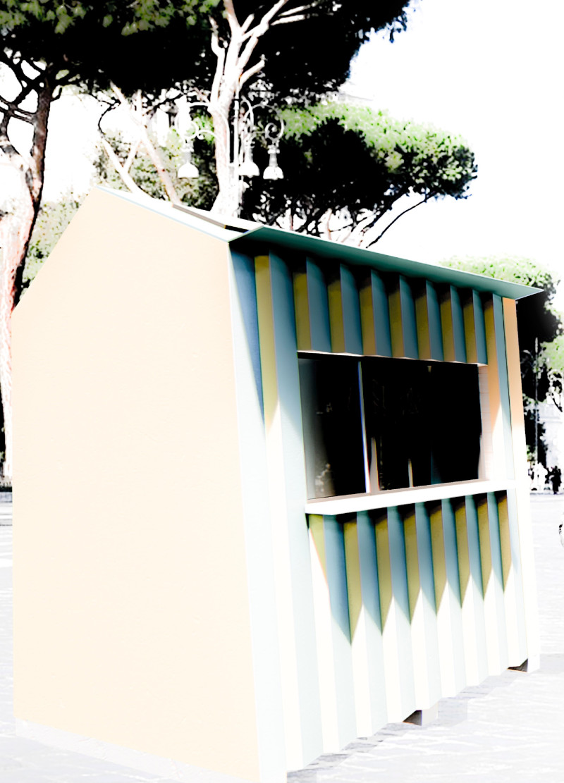 Graphic Coffee Kiosk Crafted With Color Bent Sheet Metal and Sustainable Cork Insulation  