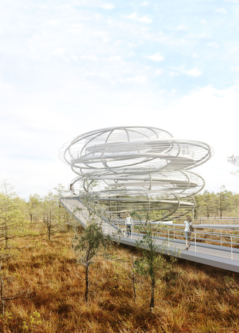 Spiral Aluminum Cladding Weaving Through a Natural Landscape Observation Platform