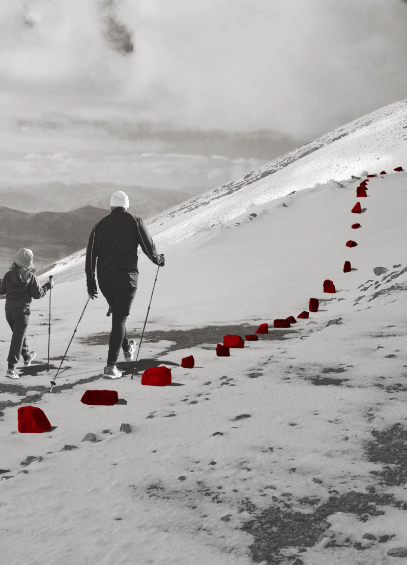 Crimson Pathways Through Volcanic Stone Landscape With Eco-Friendly Steel Framework