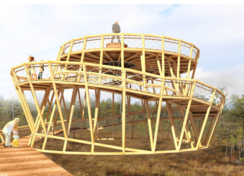 Spiral Structure Constructed With Locally Sourced Pine Logs Enhancing Visitor Engagement In Natural Surroundings