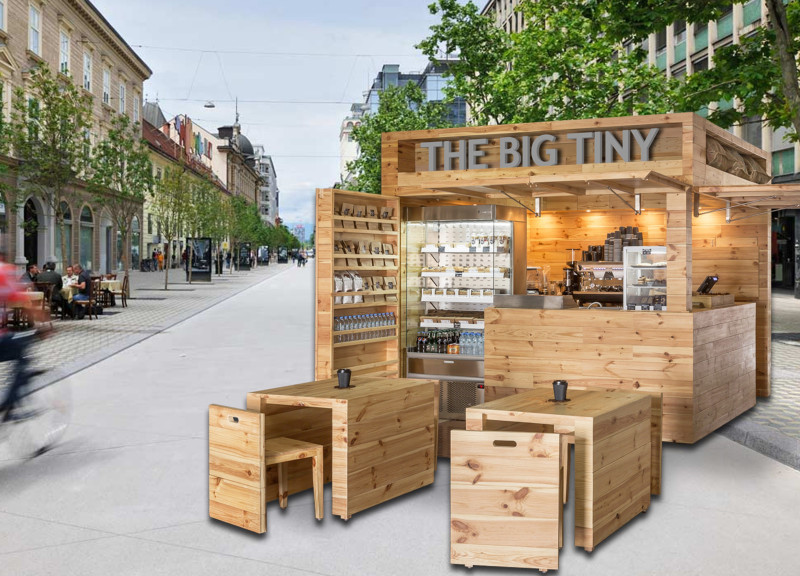 Modular Pinewood Kiosk With Galvanized Steel Accents Enhancing Urban Coffee Culture