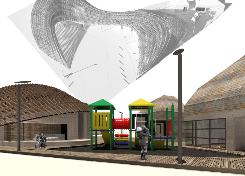 Curved Roof Structure Crafted From Recycled Timber Panels Enhancing Community Engagement
