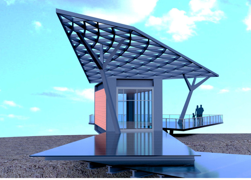 Translucent Observation Cube Uniting Ignimbrite and Steel in Volcanic Landscape