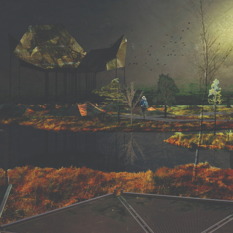 Observatory Designed with Warped Pyramids and Mirrored Glass for Enhanced Environmental Integration