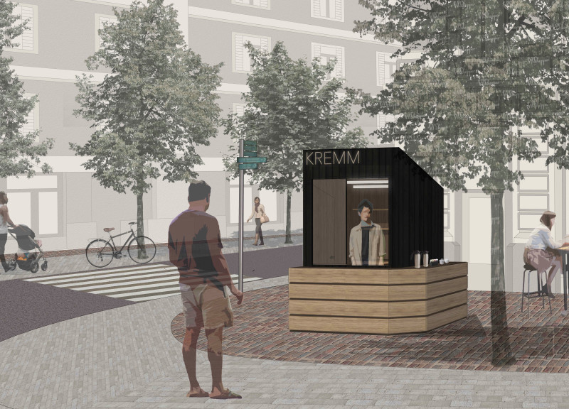 Mocha Stained Wood and Fiberglass Insulation in a Versatile Urban Kiosk