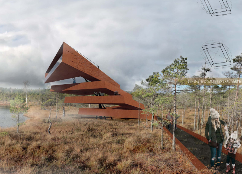 Corten Steel Observation Tower Embracing Wetland Views Through Spiral Accessibility