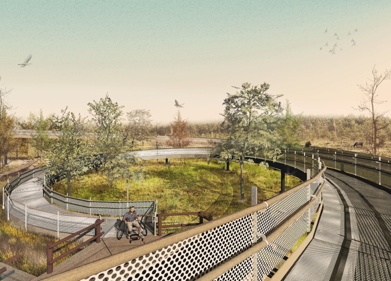 Spiral Structure Crafted From Stainless Steel and Timber Elevating Access to Wetland Views