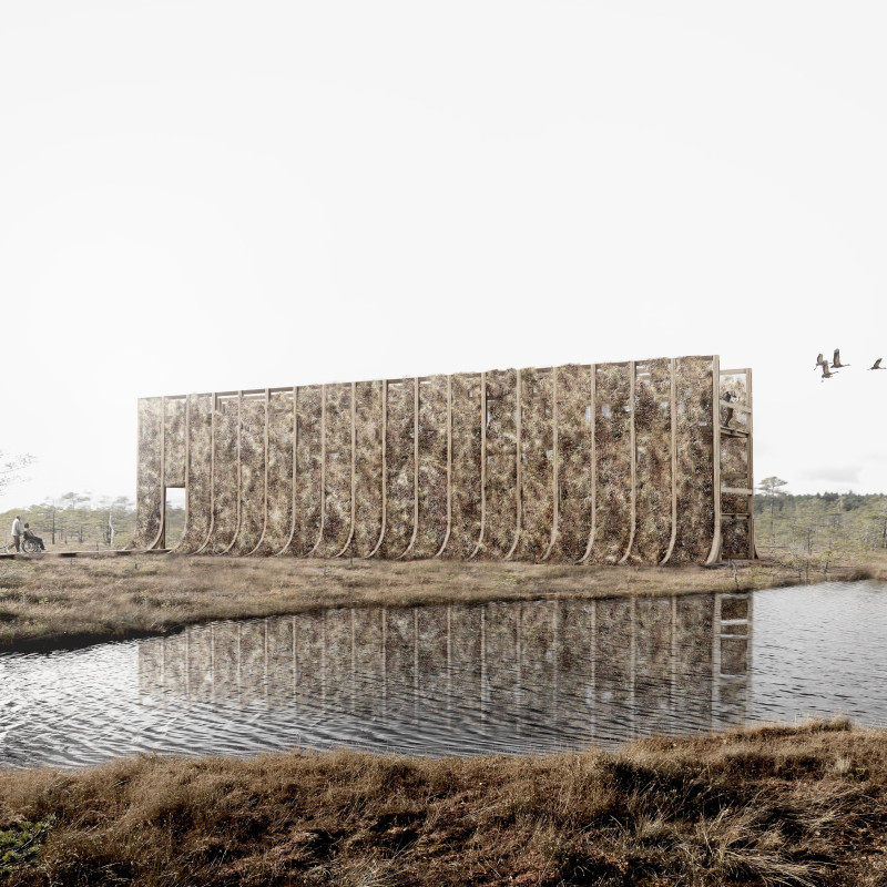 Residential retreat with a moss-covered facade and cross-laminated timber construction