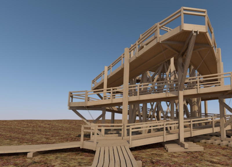 Circular Watchtower Constructed With Sustainable Larchwood and Stainless Fasteners Overlooking a Wetland Ecosystem  