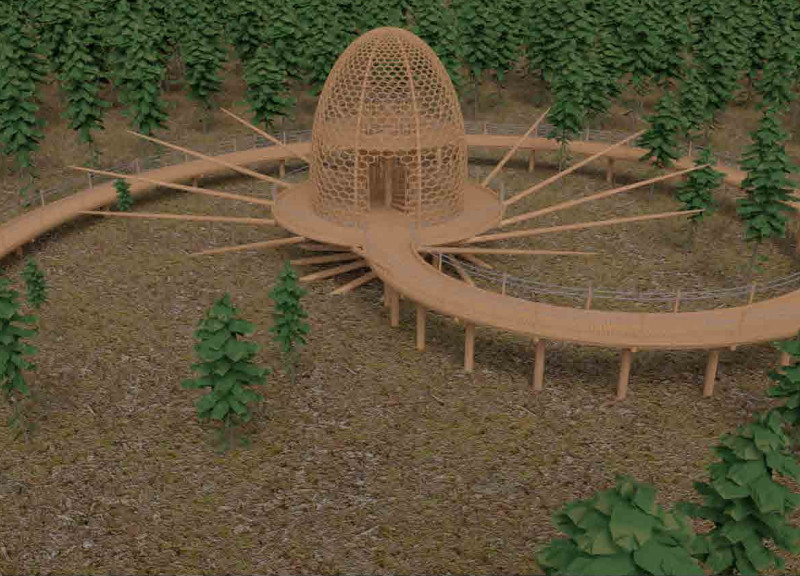 Curvilinear Structure Crafted From Charred Wooden Shingles and Cross-Laminated Timber Panels Emphasizing Natural Integration