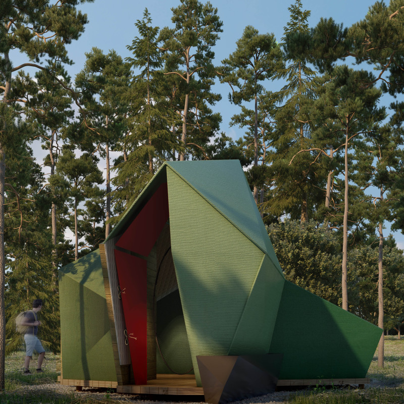 Asymmetric Cabin Crafted From Durable Fabric and Aluminum Frames Emphasizing Biophilic Connection  

