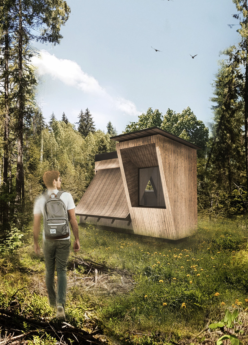 Meditation Shelter Utilizing Cross-Laminated Timber and Charred Wooden Shingles for Natural Integration  