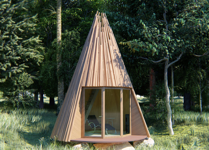 Circular Skylight and Timber Cladding Enhancing Compact Living in a Forest Retreat