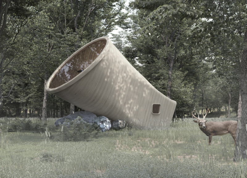 Acoustic Retreat Crafted from Laminated Veneer Lumber in a Forested Setting