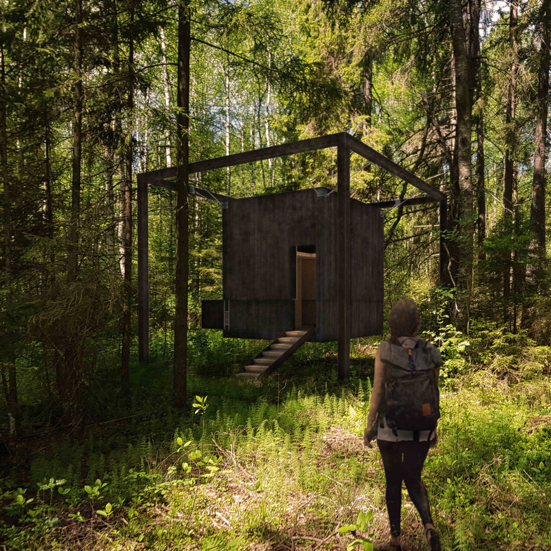 Elevated Shelter Embracing Nature with Charred Wood and Translucent Glass