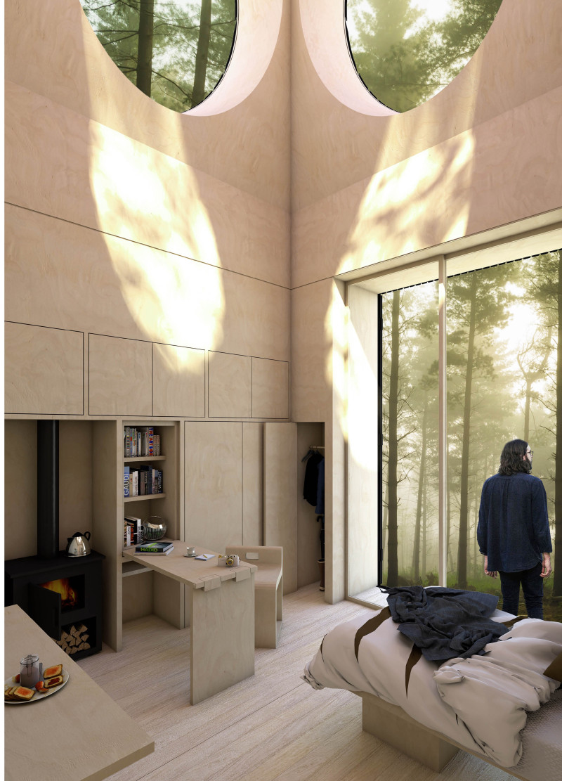 Hexagonal Plywood Retreat with Concrete Supports and Tranquil Forest Views