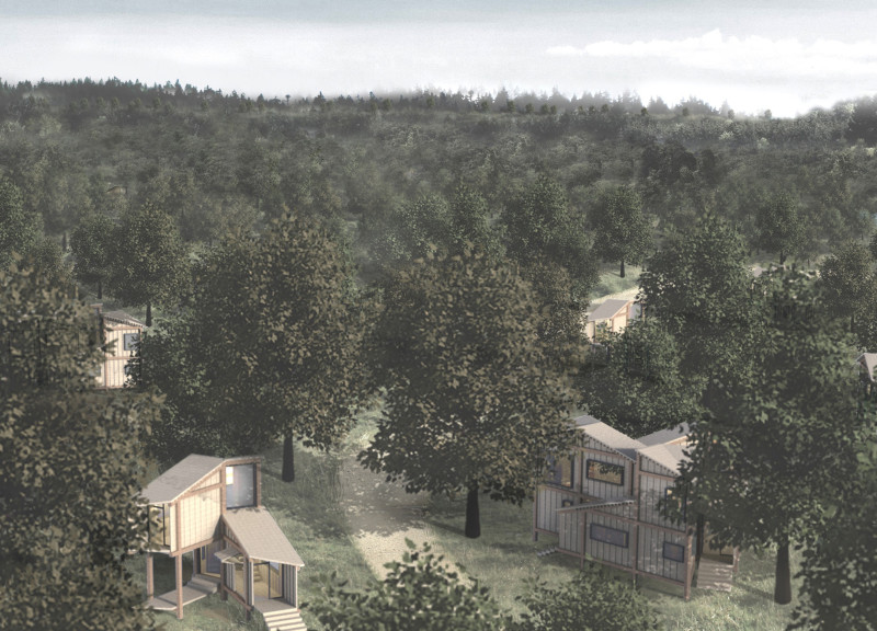Triangular Cabins with Recycled Wood and Rainwater Systems Nestled in a Forest Landscape  