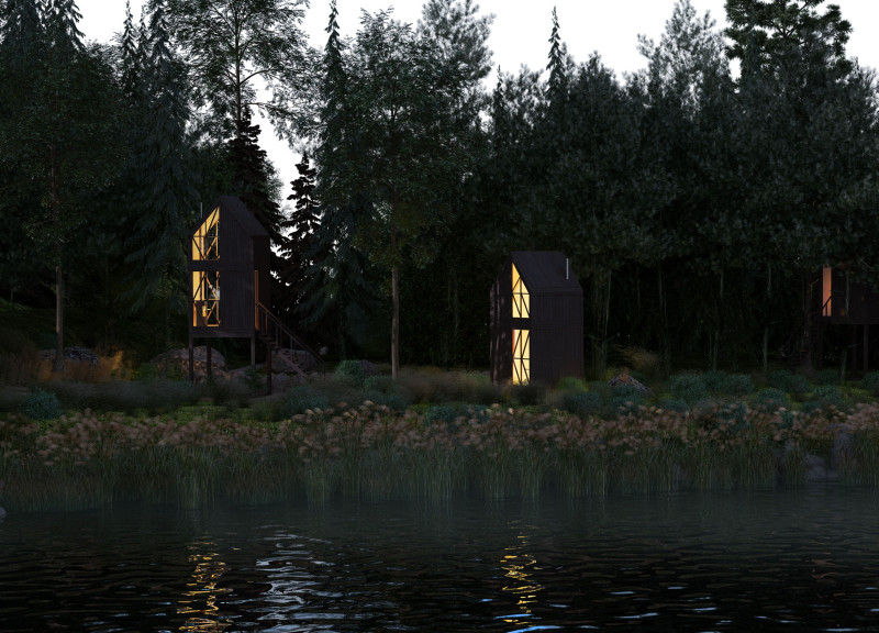 Elevated Cabins with Recycled Paper Insulation and Natural Wood Elements Supporting Sustainable Forest Retreats