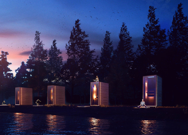 Sustainable retreat featuring cross-laminated timber panels and charred wooden shingles nestled in a forested landscape  