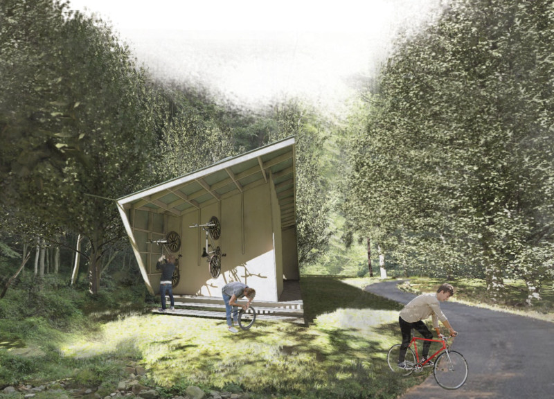 Charred Wooden Shingles and Cross-Laminated Timber Panels Create Sustainable Rest Areas for Cyclists  