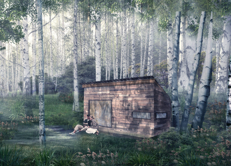 Rainwater Harvesting Cabin with Birch Bark Shingles and Plywood Interiors for Tranquil Living