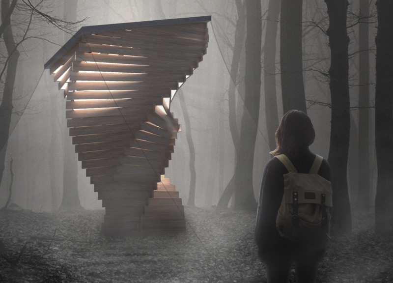 Spiral Structure Crafted From Cross-Laminated Timber Panels With Charred Wooden Shingles For Meditation Retreat