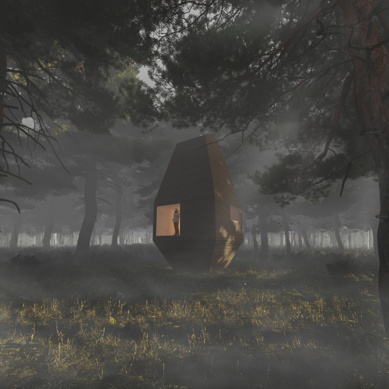 Teardrop Shaped Retreat Crafted from Pine Timber and Amorphous Silicon Panels Nestled in a Forest Setting