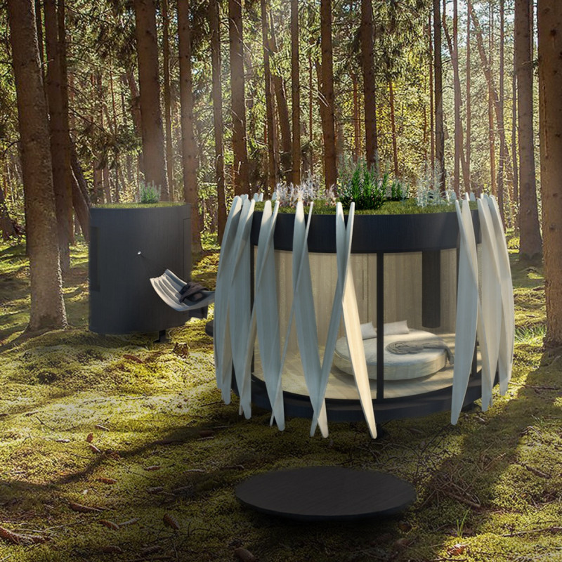 Cylindrical Retreat Crafted From Cross-Laminated Timber Panels with Interactive Plywood Facade  