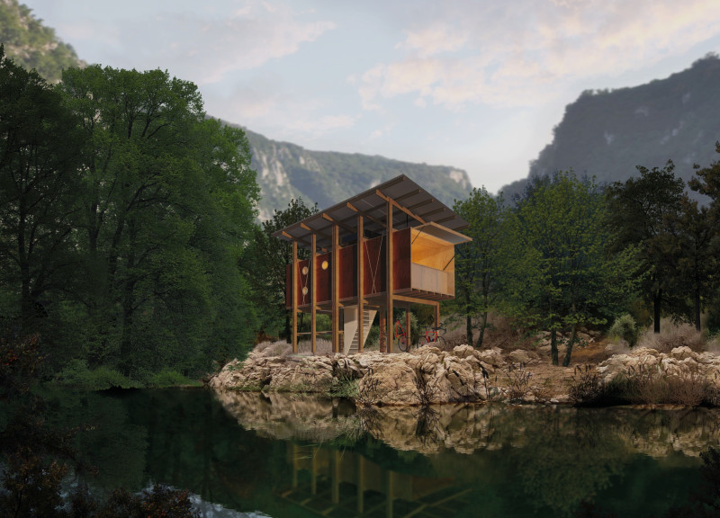 Charred Wooden Shingles and Elevated Modular Spaces in Eco-Friendly Living