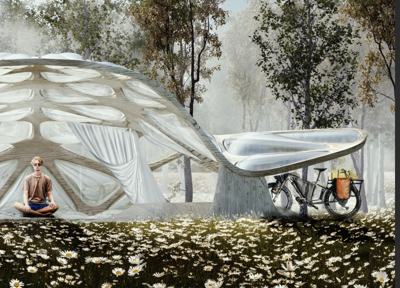 CNC-Milled Timber Shelters with Air Cushions Providing Rest Stops for Cyclists  