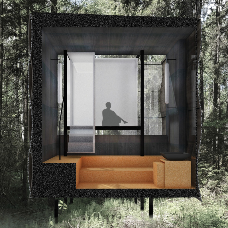 Frosted Glass Retreat Elevated on Corten Steel with Natural Timber Accents  