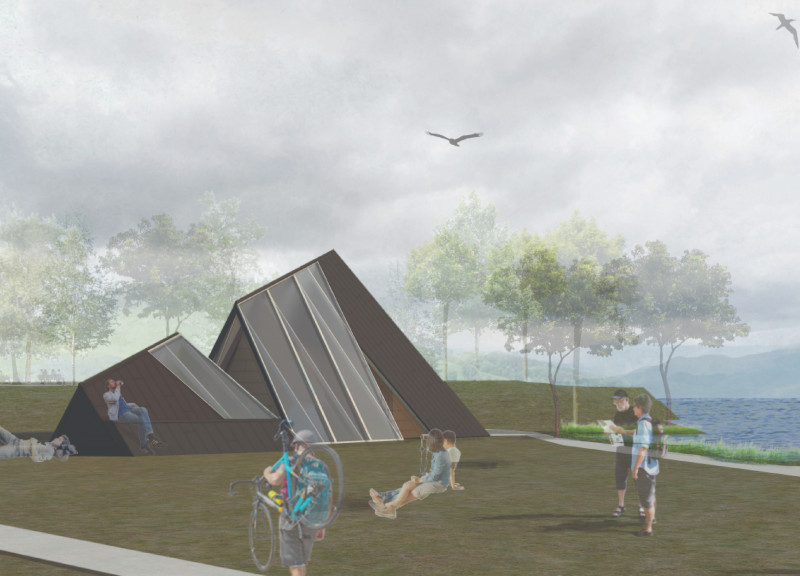 Charred Wooden Shingles and Polycarbonate Lightness in a Community Rest Stop Along the Euro Velo 6 Pathway