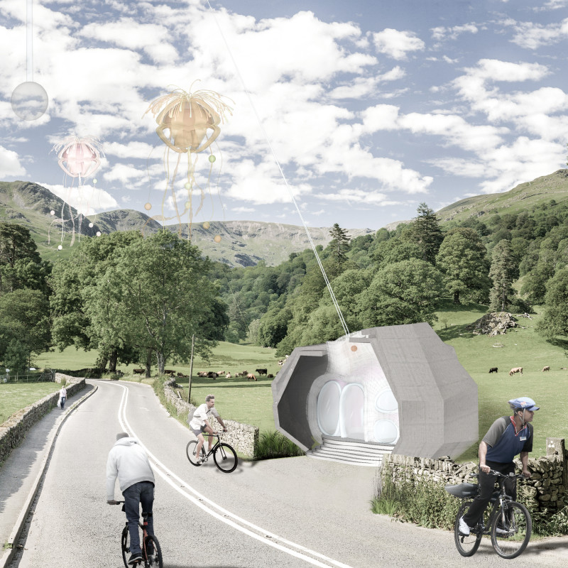 Buoyant Structure of Soft Fabric and Concrete Offering Cyclist Amenities in a Natural Landscape