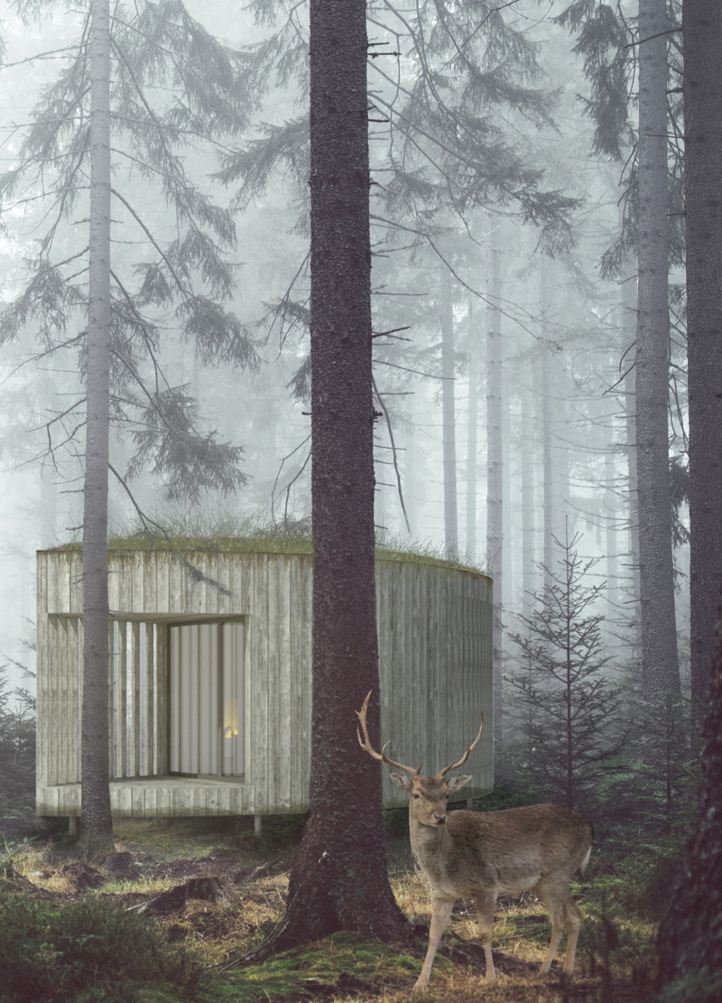 Charred Wooden Shingles and Natural Timber Create Meditative Cabins Nestled in Forest Serenity