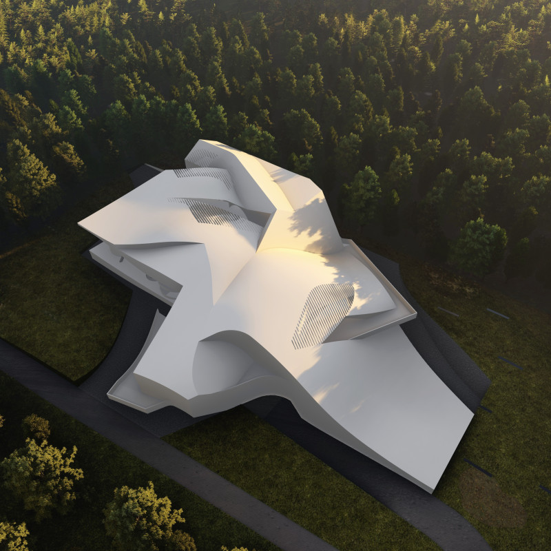 Elevated Structure of Curvilinear Forms Emphasizing Transparent Walls and Natural Light in a Visitor Center